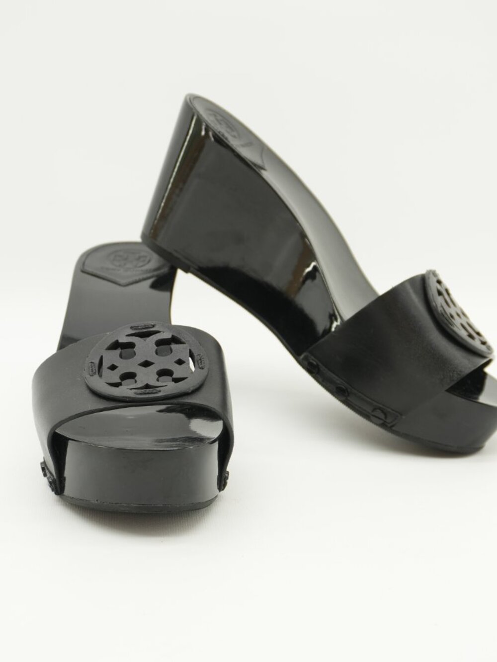 TORY BURCH Leather Wedges Black Patty Slides Clogs Size 7.5 - Picture 2 of 15